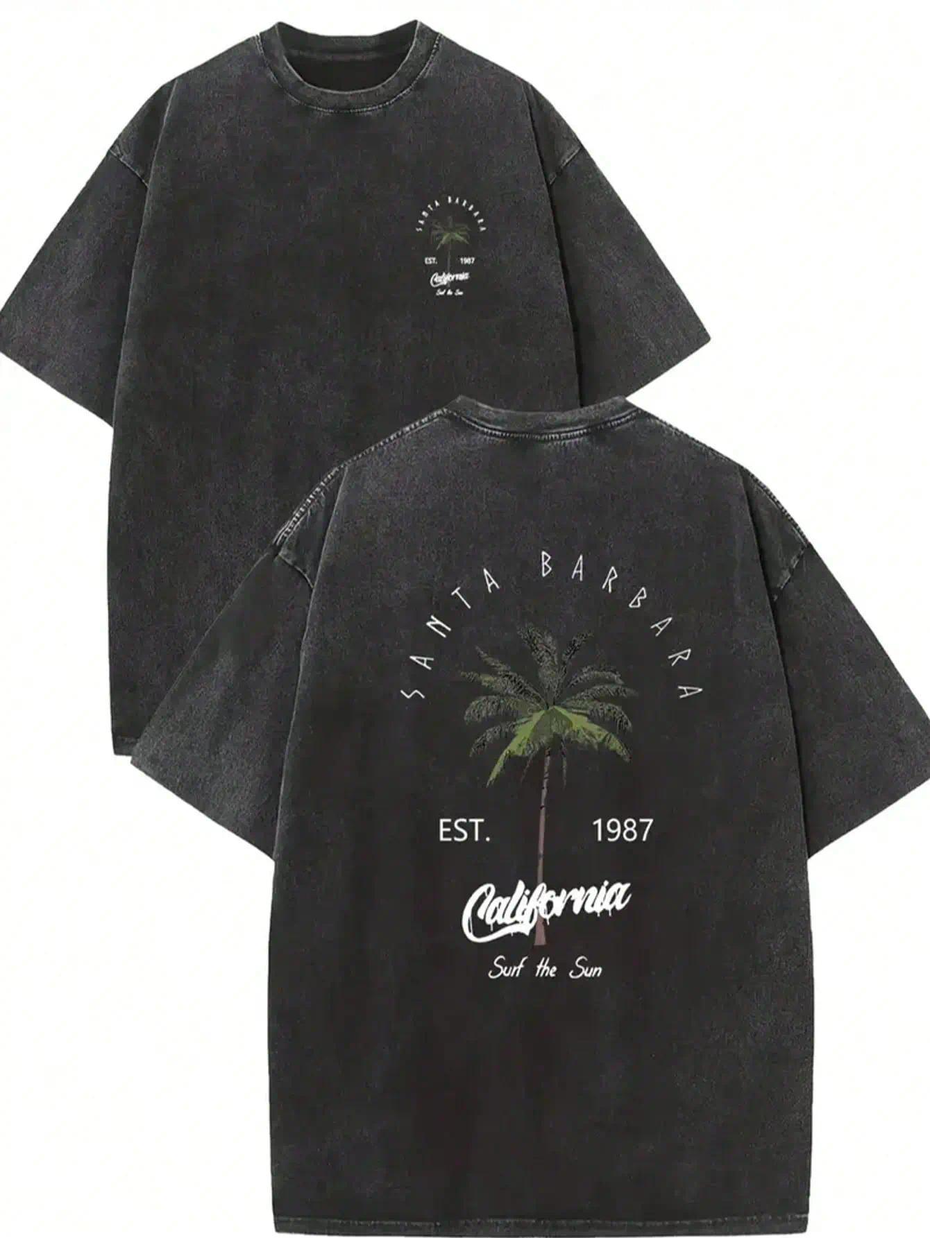 valentine shirts Men's Retro California Style Cotton T-Shirt-"Est.1989" Coconut Tree Design, Short Sleeves, Round Neck, Casual Summer Clothes, Machine Washable, Summer Casual Clothes |TiedyeT T-Shirt Back Design, Retro T-Shirt.
