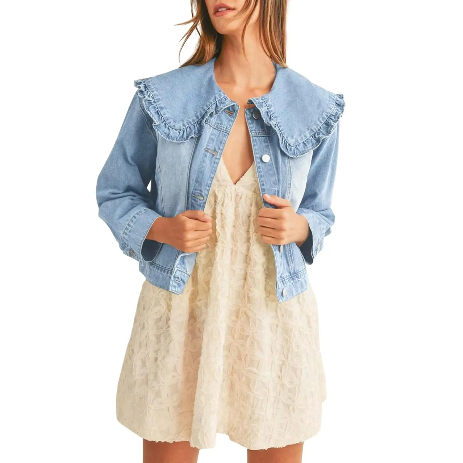 Women's Long-Sleeve Minimalist Soft Denim Shacket - Peter Pan Collar, Loose-Fit Button-Up Crop Top with Pockets, Lightweight Evening Dress Matching Casual Shirt