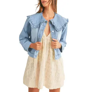 Women's Long-Sleeve Minimalist Soft Denim Shacket - Peter Pan Collar, Loose-Fit Button-Up Crop Top with Pockets, Lightweight Evening Dress Matching Casual Shirt