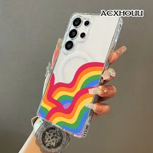 Retro Wavy Rainbow Stripe Aesthetic Pattern Magnetic Protective Case for SAMSUNG S26 ULTRA S25 S24 S23 S22,Aesthetic Design Shockproof,Silicone,Lightweight,Scratch Resistant,and Girly