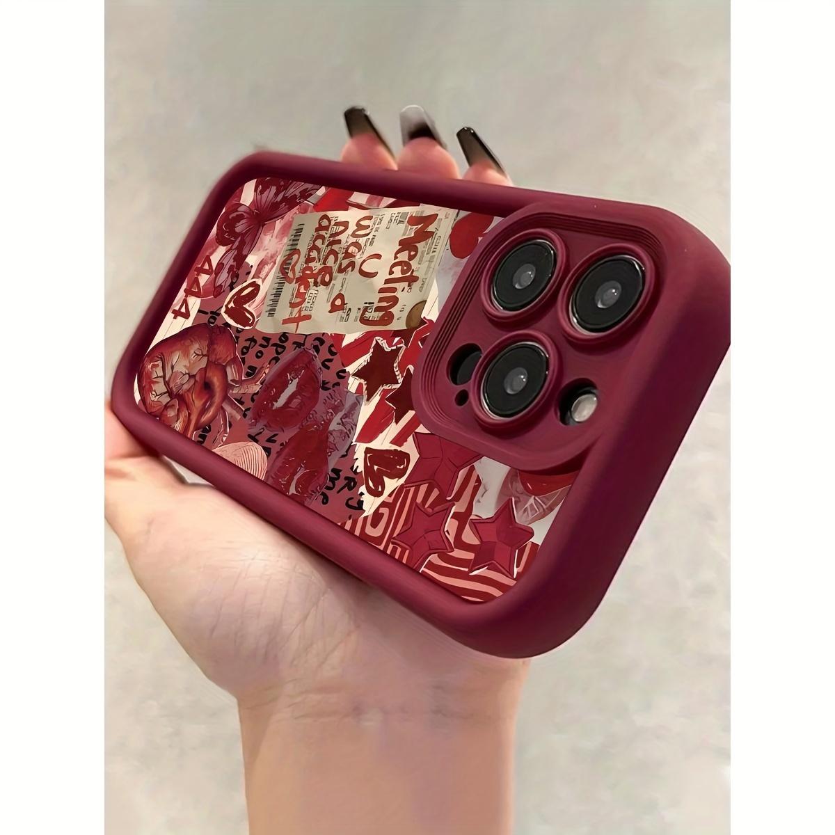Phone case: Wine Red Base with Romantic Collage Elements Trendy Romantic Style Phone Case Compatible with iPhone 17 E Air Pro ProMax iPhone16 15 14 Plus 13 12 Mini 11 X XS XR