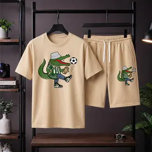 Men’s Soccer Crocodile Graphic Print Short Sets 2 Piece Outfits, Fashion Summer Tracksuits Casual Set, Cartoon Alligator T-Shirt and Shorts, Lightweight Streetwear For Gym, Beach, Vacation, Daily Wear