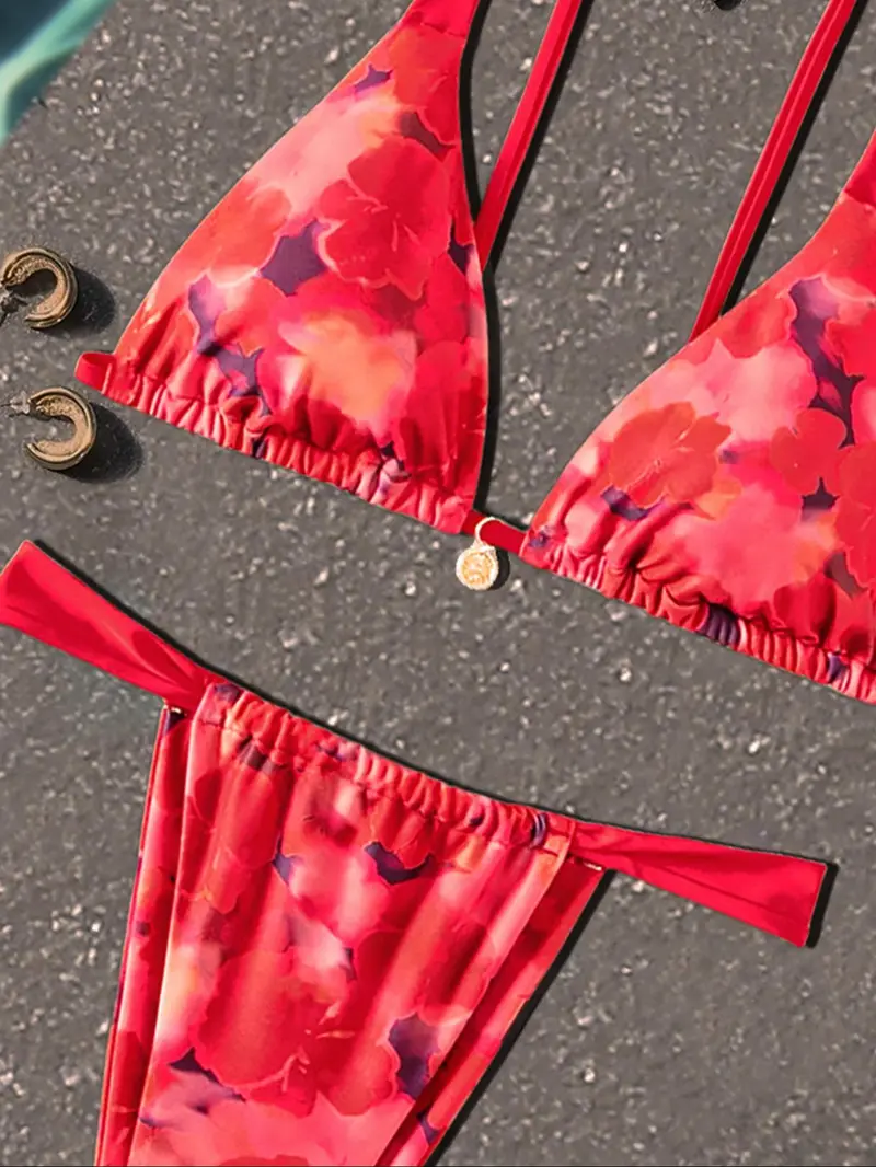 Women's Floral Print Bikini Set, Casual Fashion Chic Summer Swimsuit Set for Beach Holiday Vacation, Ladies Swimwear for All Seasons, Floral Print Swimsuits, Floral Bathing Suits, Bikinis Set