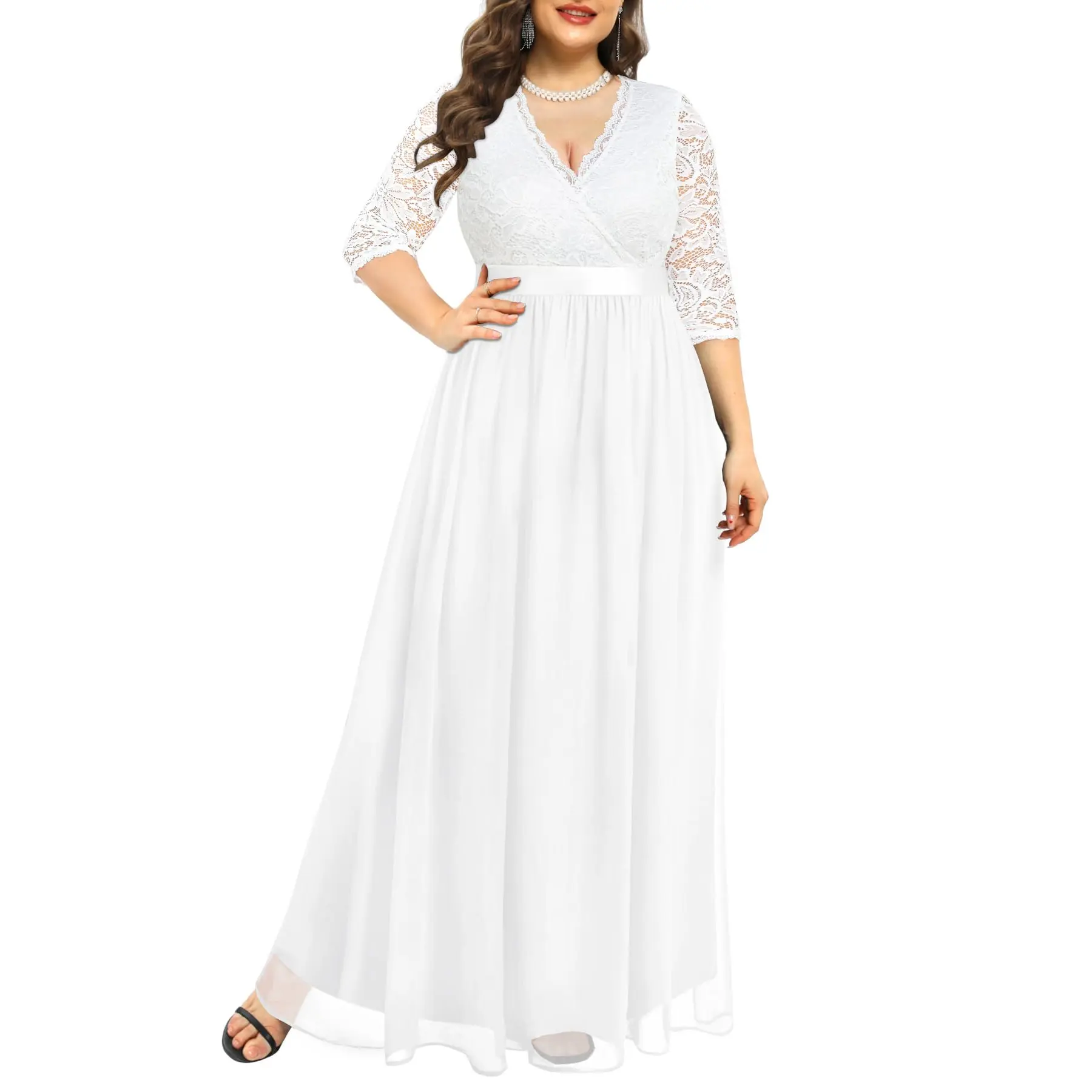 PINUP FASHION Women's Plus Size Pinup Lace Chiffon Long Maxi V-Back Formal Dress for Ladies, Curvy Plus Size Sleeve Clothes for Lady, Curvy Dresses Plus Size, Classic