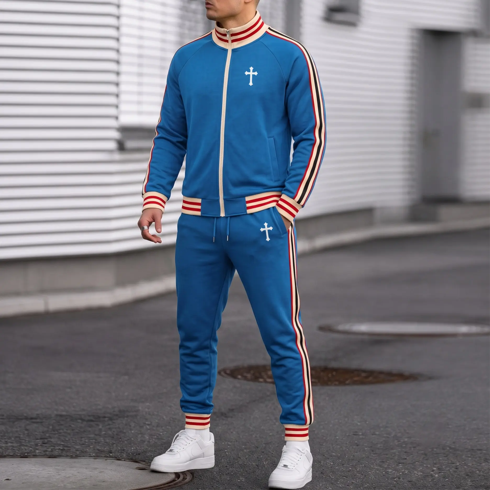 Men’s Cross Graphic Tracksuit Set, Retro Stripe Zip Stand Collar Jacket and Drawstring Jogger Pants, Casual Athletic Two-Piece Outfit for Streetwear, Travel, Workout and Daily Wear
