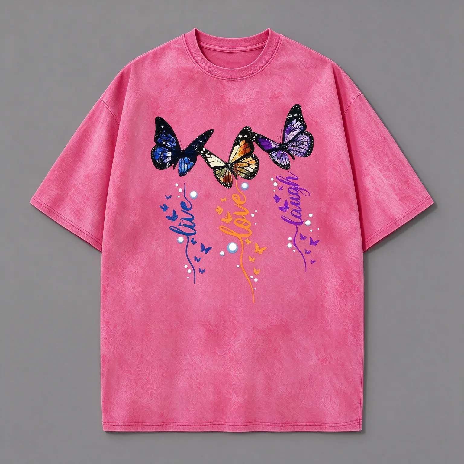 Summer Tops New Vintage Washed Cotton Distressed Short-Sleeve T-Shirt Style Live Love Laugh Three-Color Butterfly Print Plus Size Women's Top
