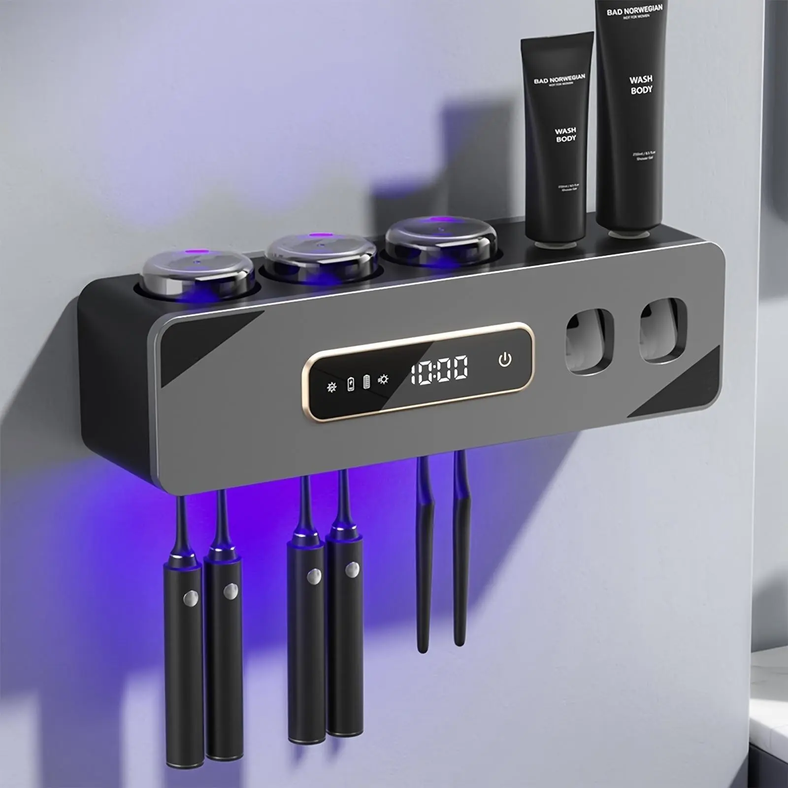 Smart Touch Sanitizing Toothbrush Holder, Wall-Mounted, 3 Cups, 6 Slots, 1200mah Battery, No Drilling, Bathroom Essential, Home Use