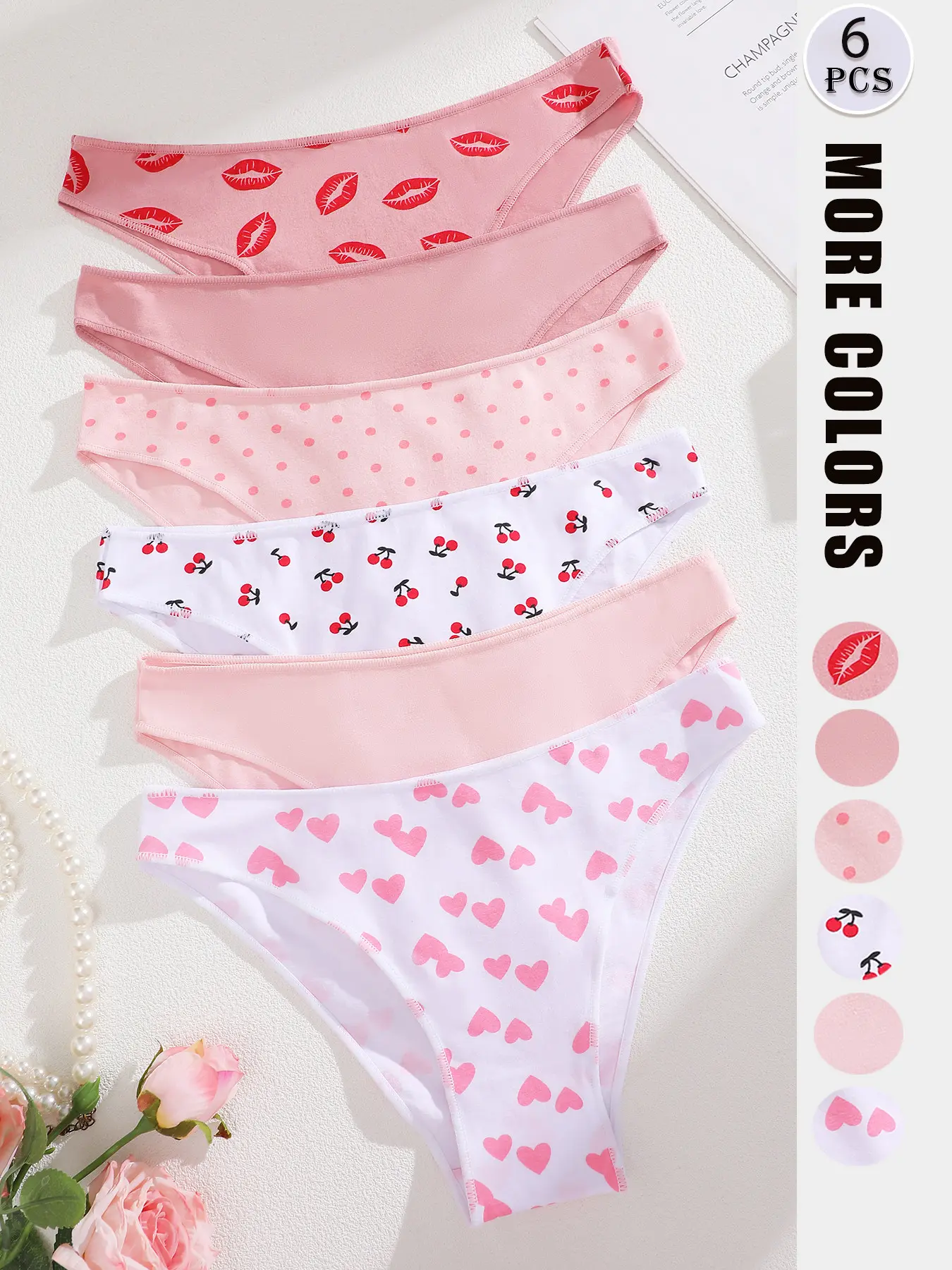 6 Pcs Low Waist Cute Heart Cherry Polka Dot Women's Country Style Knitted Stretch Underwear, Comfortable and Stylish Lingerie Set for Daily Wear