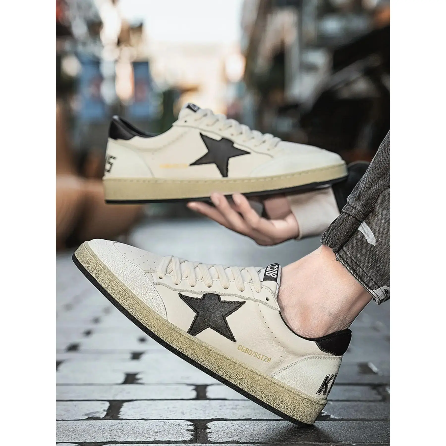 Men's Vintage Star Pattern Leather Athletic Sneakers, Breathable Mesh Design, Retro Board Shoes, Sports Shoes, Summer Footwear, Trendy Dirty Look Style, Casual, Stylish Sneaker