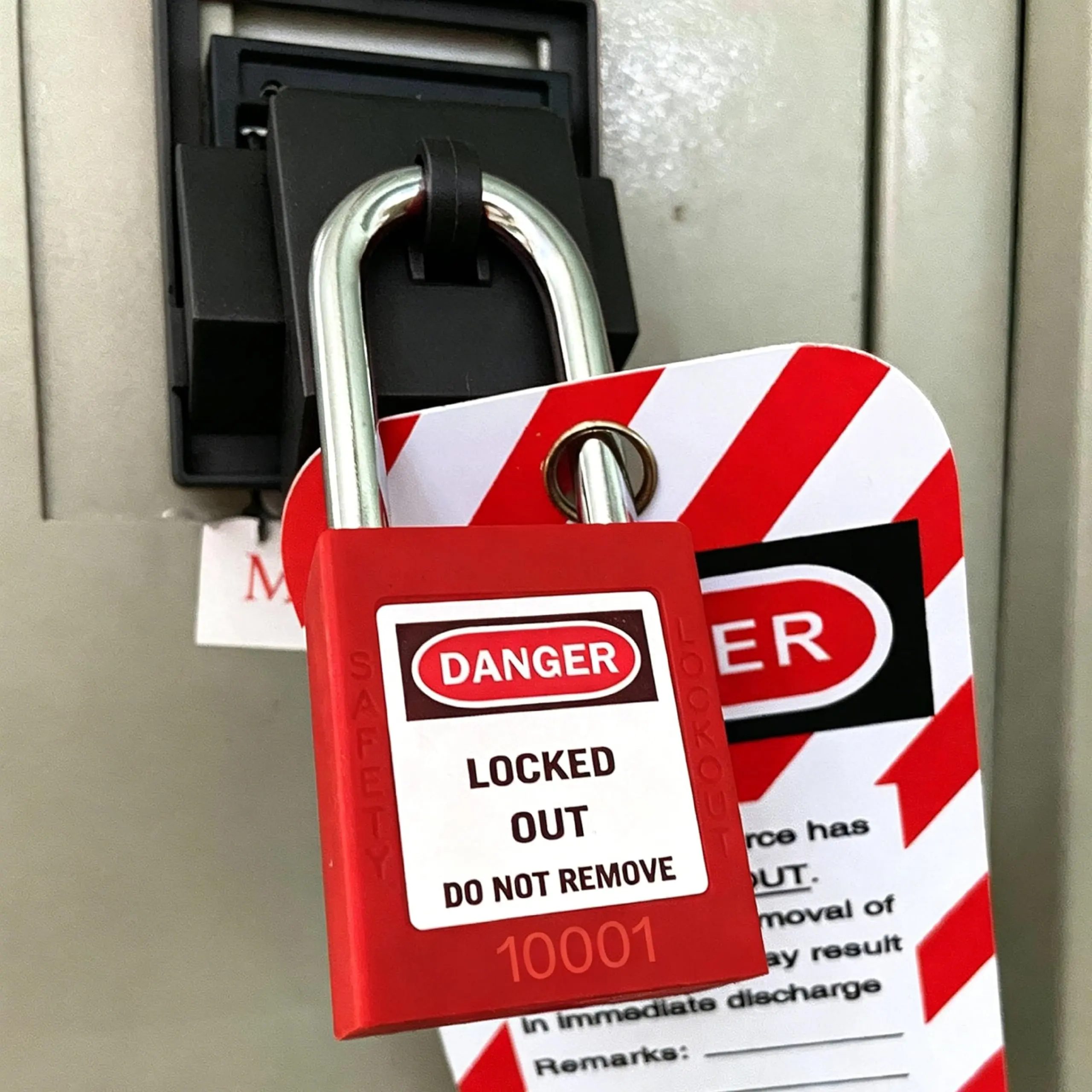 Garvee Differently Keyed Lockout Tagout Padlock Set for Industrial Users - 10 Red Nylon Body Padlocks (2 Keys Each), 10 Tags for Electrical Circuit Breaker Applications