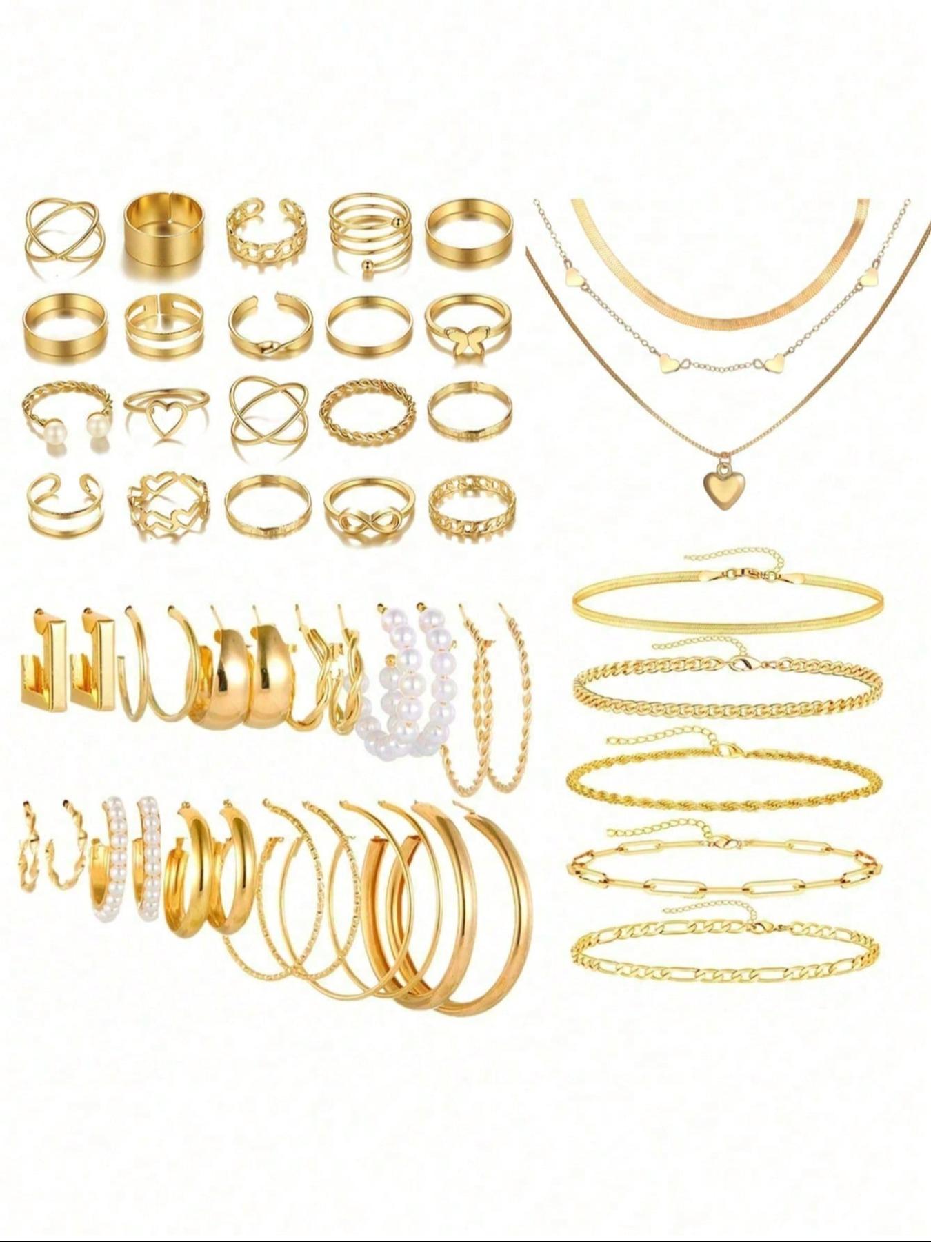 Vintage Jewelry Set, Butterfly Heart Pearl Star Moon Rhinestone Wide Ring Snake Chain Braid Geometric C Earrings Necklace Bracelet Gift Vintage Jewelry Set, Butterfly Heart Pearl Star Moon Rhinestone Wide Ring Snake Chain Braid Geometric C Earrings Necklace Bracelet Gift