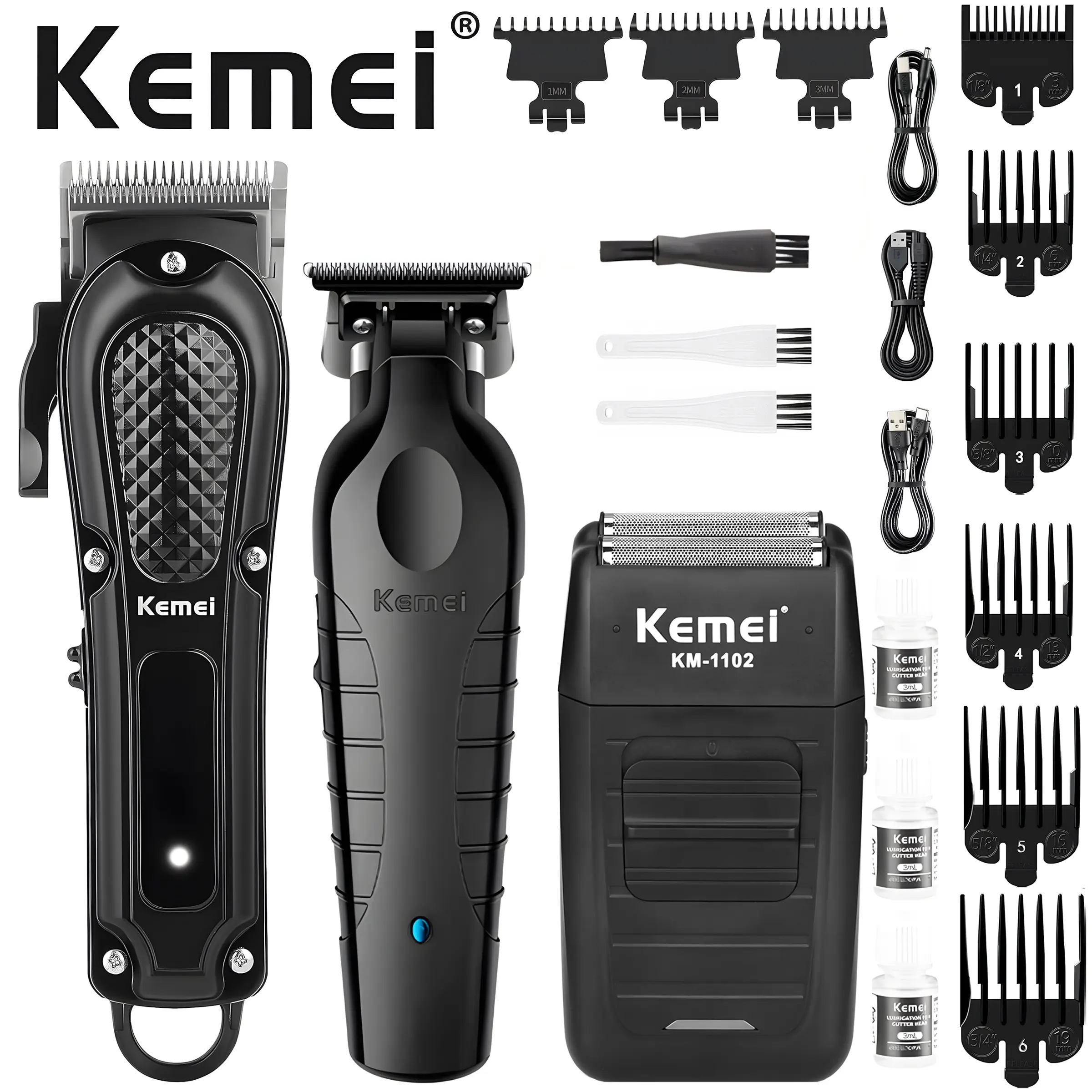 Men's Electric Hair Clipper Set Km-1071+km-2299+km-1102, Hair Clipper Kit, Professional Trimmer, Fine Detailing, Strong Power, No Hair Jamming