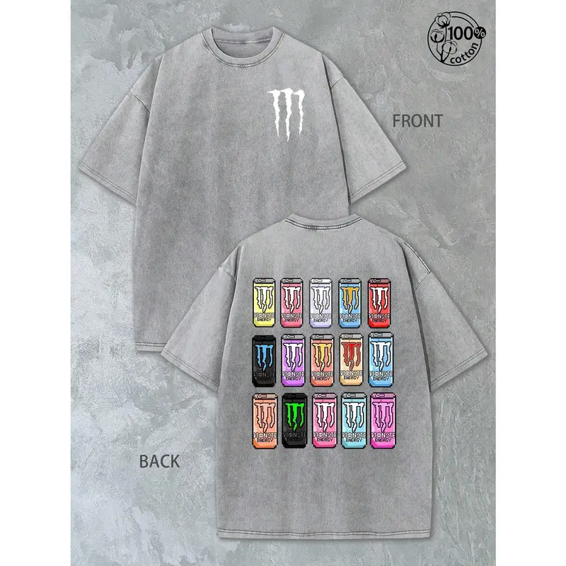 Pixel-style Monster Energy drink t-shirt, featuring a white claw logo and Monster Energy drink graphic; Fox Racing Monster Energy apparel, a must-have for racing enthusiasts, 230g washed cotton double-sided printed t-shirt, pixel style, Y2K fashion.
