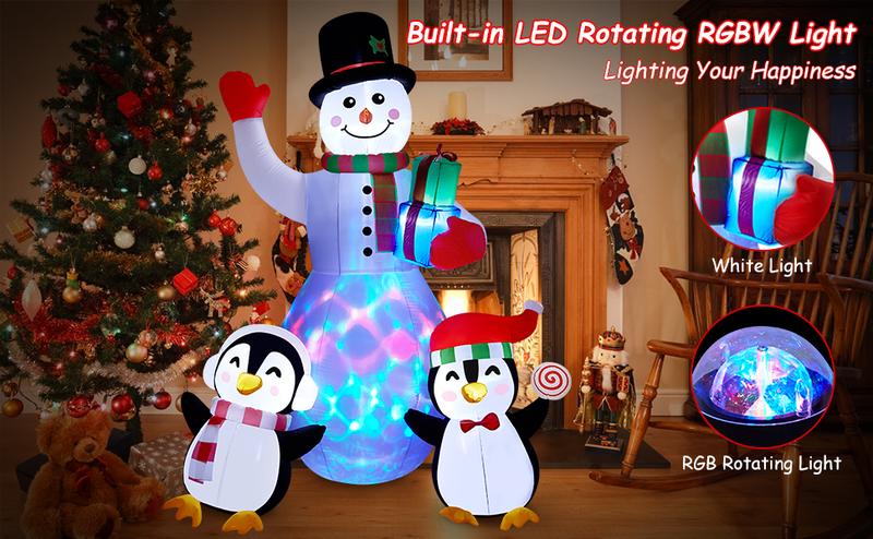 Christmas Inflatables Outdoor Decorations, 8 FT Inflatable Snowman with Penguins, Blow Up Xmas Decorations Clearance Indoor Outdoor Yard Patio Lawn Decor with LED Christmas Lights