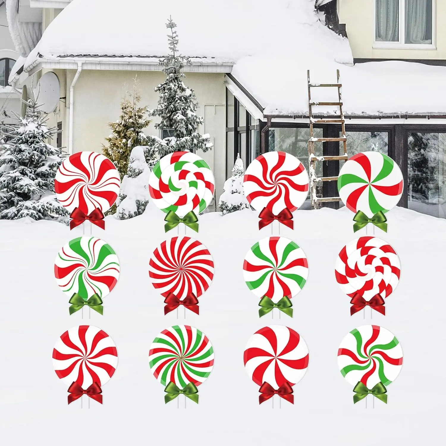 12 Pcs Christmas Outdoor Yard Signs, Peppermint Corrugated Decorations, Waterproof Cardboard, Stakes & Bow, Candy Style, Pathway Decor