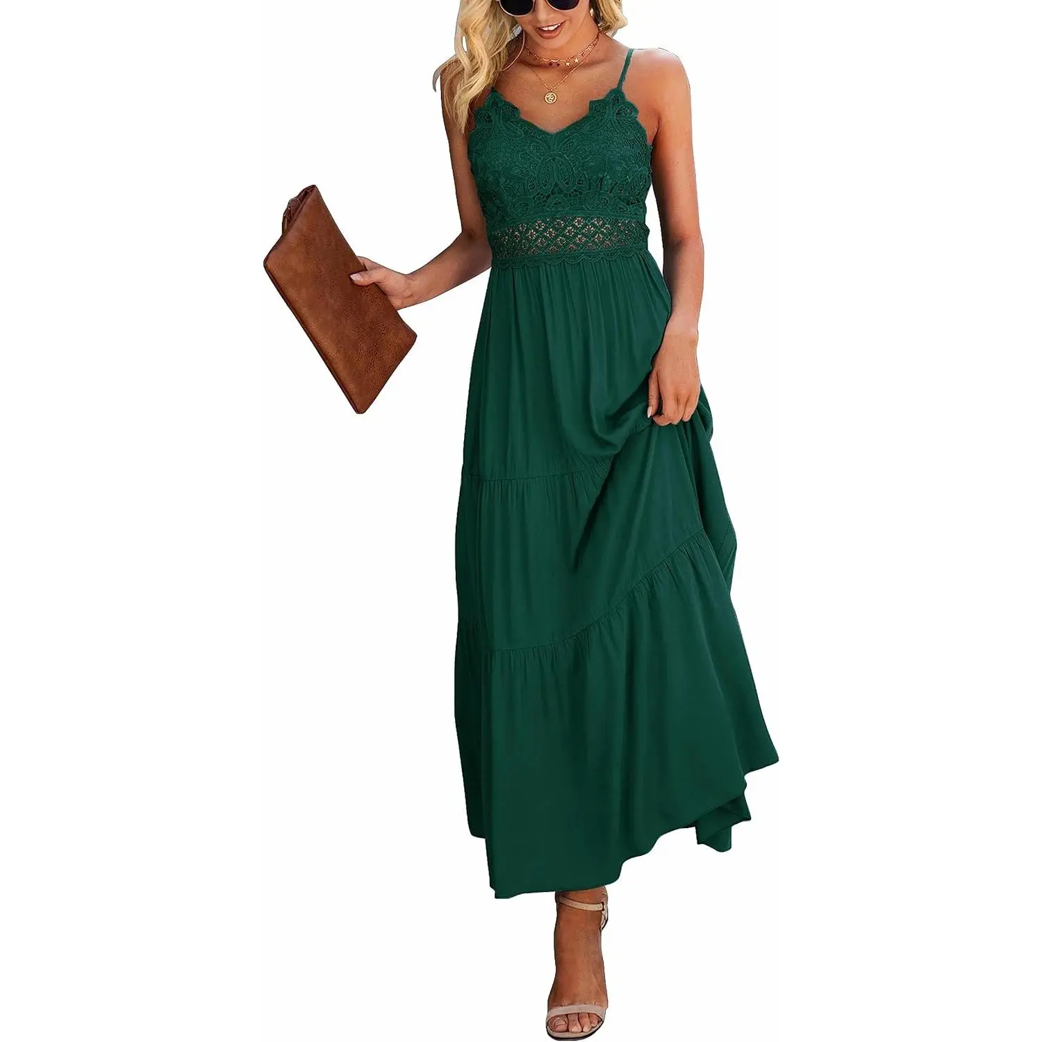 Women's Boho Maxi Dress, Chic Crochet Lace Spaghetti Strap V-Neck Sundress for Summer Vacation, Beach Wedding Guest, Fashion, Light, Baby, Skirts, Outfits, Garment, Anniversary, Island, Feminine, Smocked, Strappy, Breathable