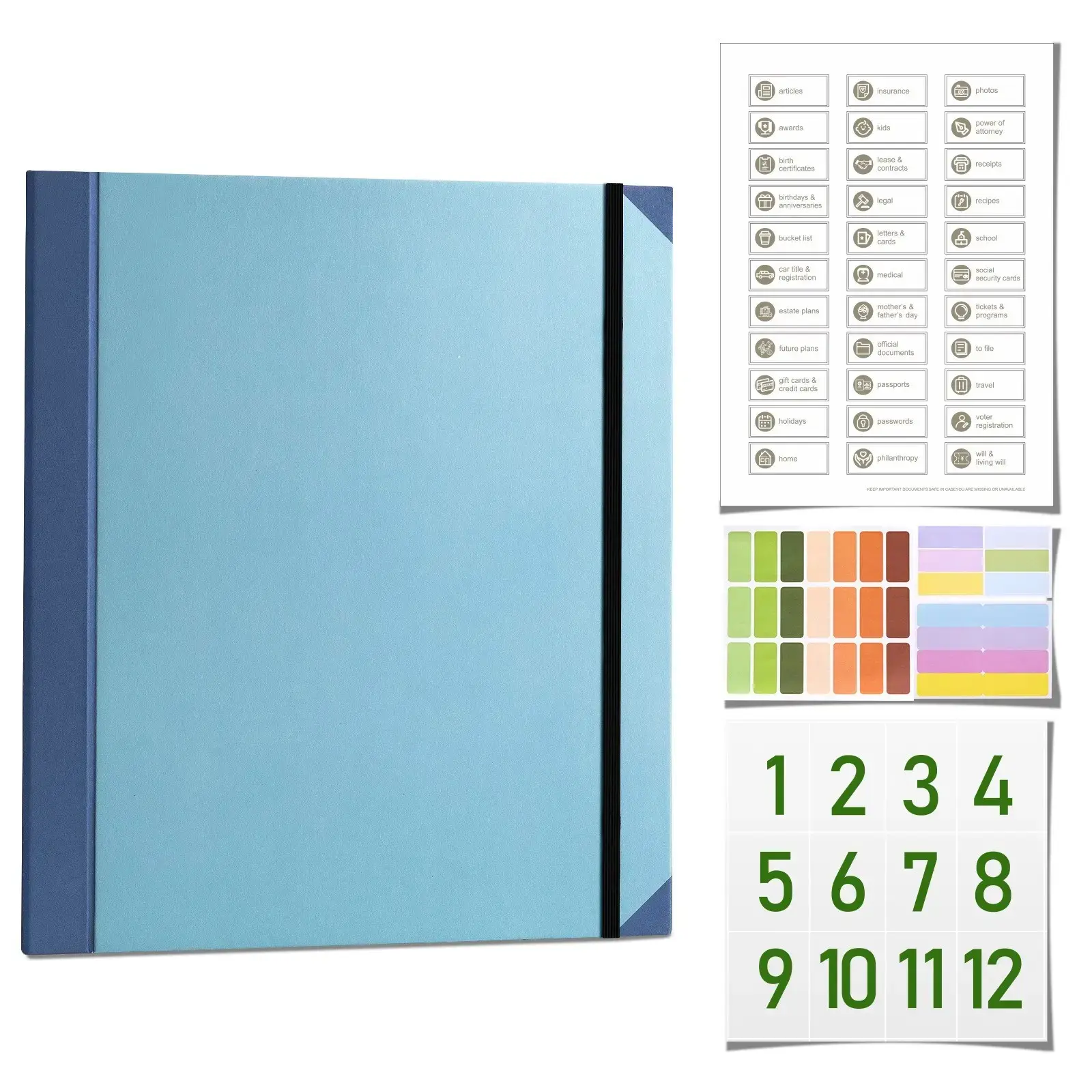 Personalized Blue Waterproof File Organizer, Hand-Drawn Labels, Secure Elastic Closure, Important Documents, Emergency Folders, Birth Certificates, Office Supplies, Filing Folders, File Storage Folder