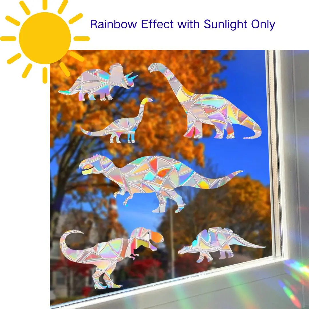 1 Sheet Dinosaur Suncatcher Window Sticker, Rainbow Window Film, Reusable PVC Cling, 16mil Decals, Window Decals For Glass Windows, Glass Decor, Static Adhesive Residue Free Decals to Prevent Bird Strikes Anti-Collision Prism Decorations