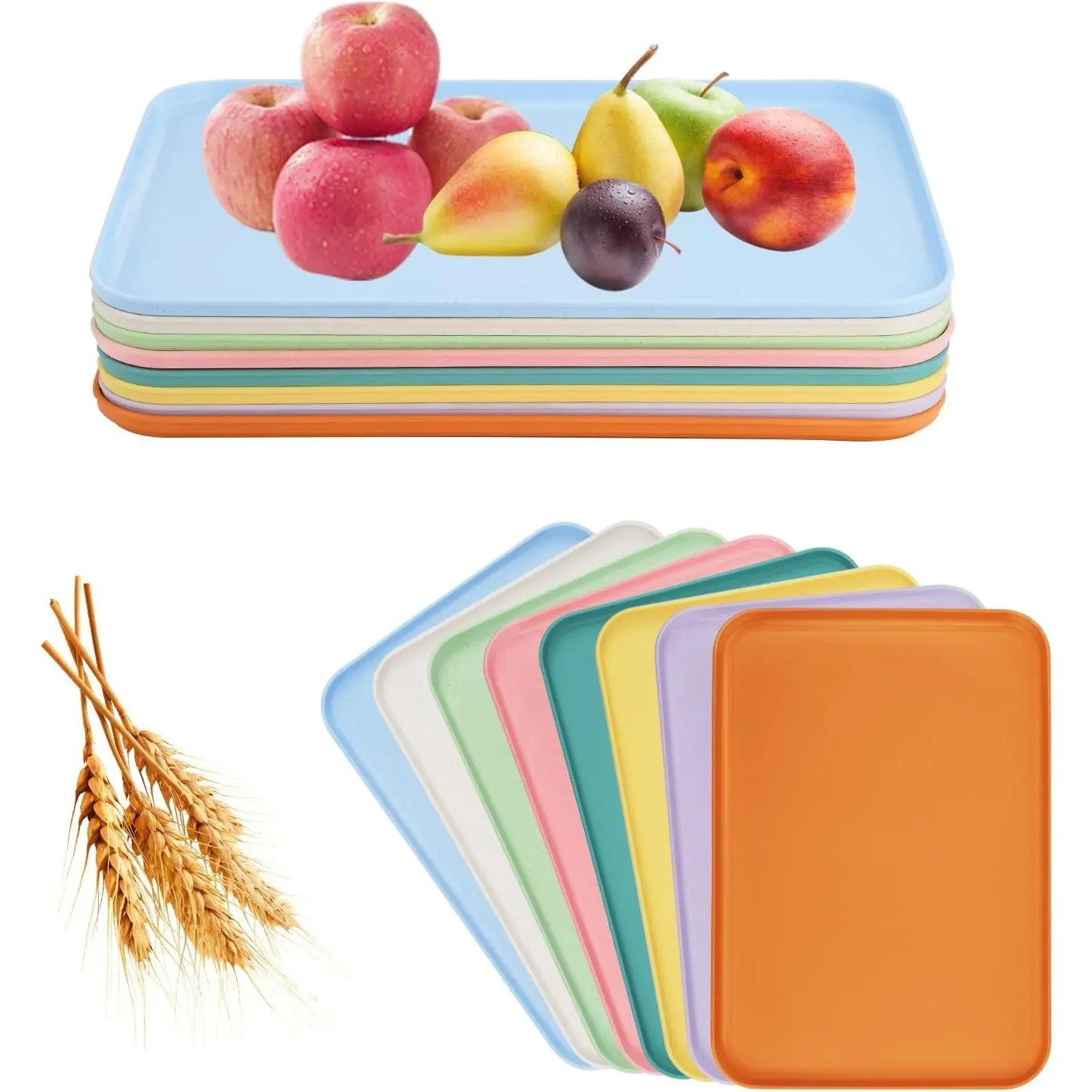 8-Piece Large Wheat Straw Tray Set 12" x 8.7" Unbreakable Lightweight Serving Trays for Fast Food Crafts Jewelry Organizer Plastic Art Activities