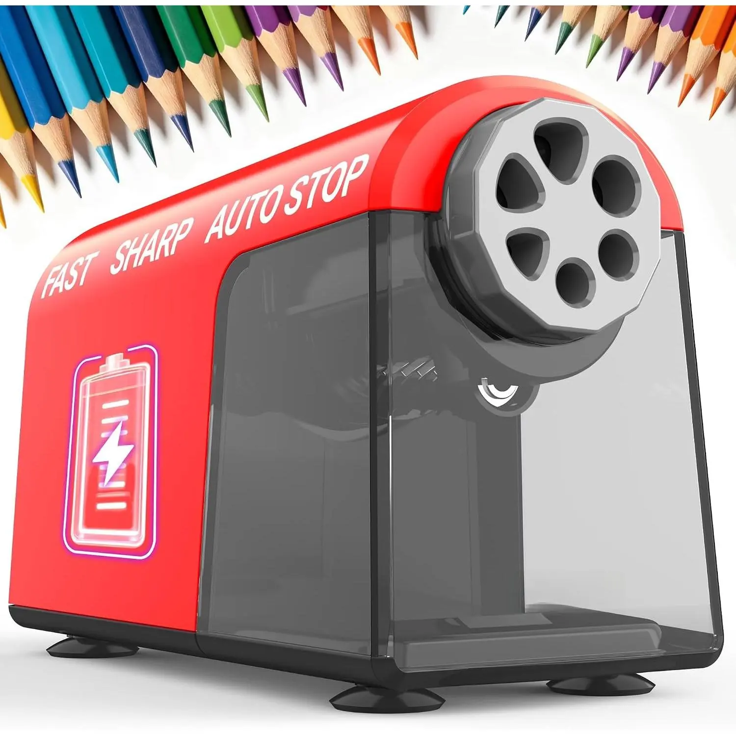 Heavy-Duty 6-Hole Electric Pencil Sharpener, Cordless Rechargeable, Auto-Stop, Sharpens Fast, 10K+ Uses, Classroom Use for 6-11mm No.2/Large/Colored Pencils, Model PSD2 (Red)