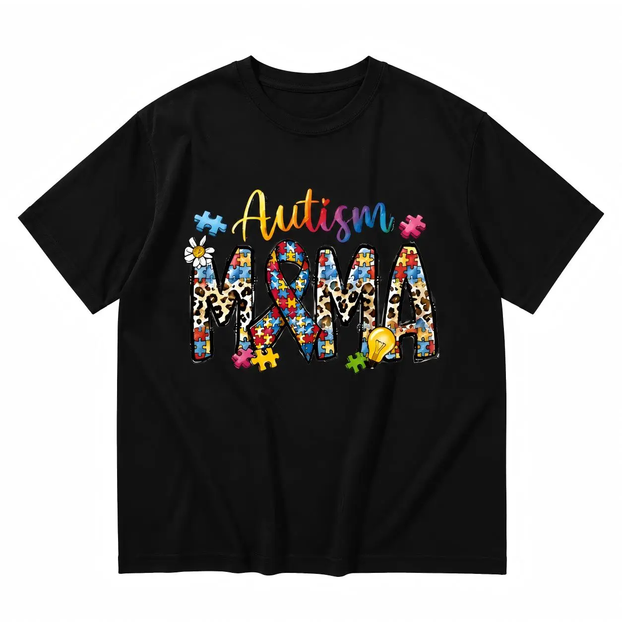 Autism Mama Graphic T-Shirt for Women, Casual Round Neck Short Sleeve Top with Puzzle Piece Ribbon Print for Awareness Support, Shortsleeve, Tshirt, Graphic Print