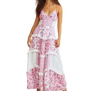 Womens Lace Patchwork Floral Maxi Dress Spaghetti Strap Sexy Backless Ruffle Tiered Boho Beach Sundresses