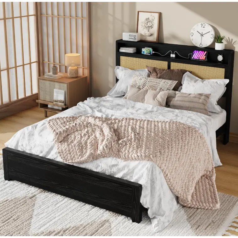 Queen Black/Walnut Rattan Boho Platform Bed – LED Headboard with USB & Outlet, Storage Drawers, Wood Slats – No Box Spring