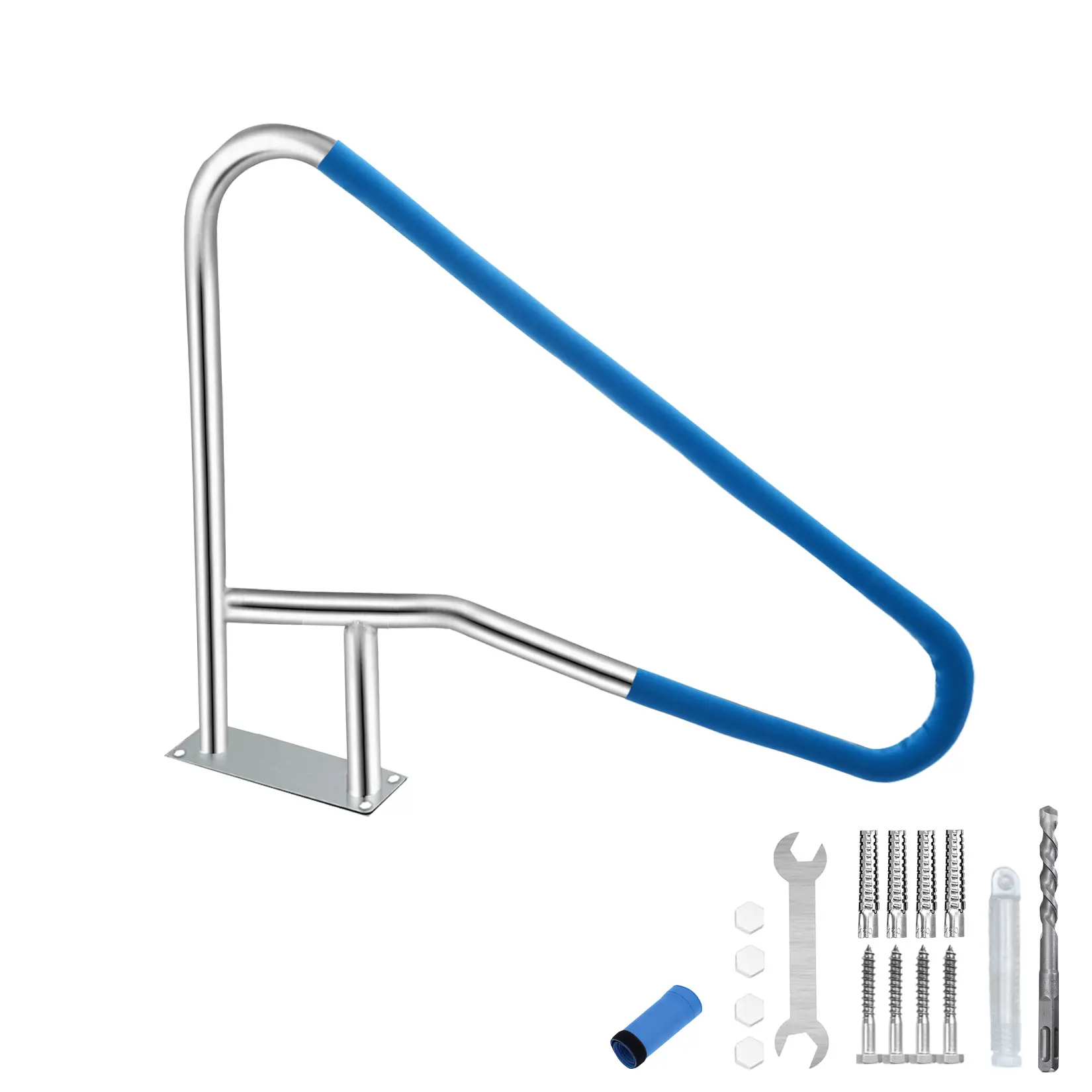 Heavy Duty 304 Stainless Steel Inground Pool Handrail – 32" x 55" Safety Grab Rail – Non-Slip Blue Grip – 375lbs Capacity – Easy Mount Base for Swimming Pools, Spas, Water Parks