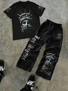 Men's Casual Streetwear Set, Gothic Letter T-Shirt & Loose Drawstring Pants, Trendy for Daily Wear, Hip Hop Style Clothing