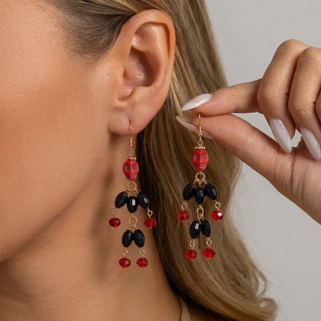 Women's Beaded Skeleton Figure Earrings Lightweight Red Black Crystal For Halloween Party Quirky Spooky Season Jewelry Goth Skull Dangle Accessory