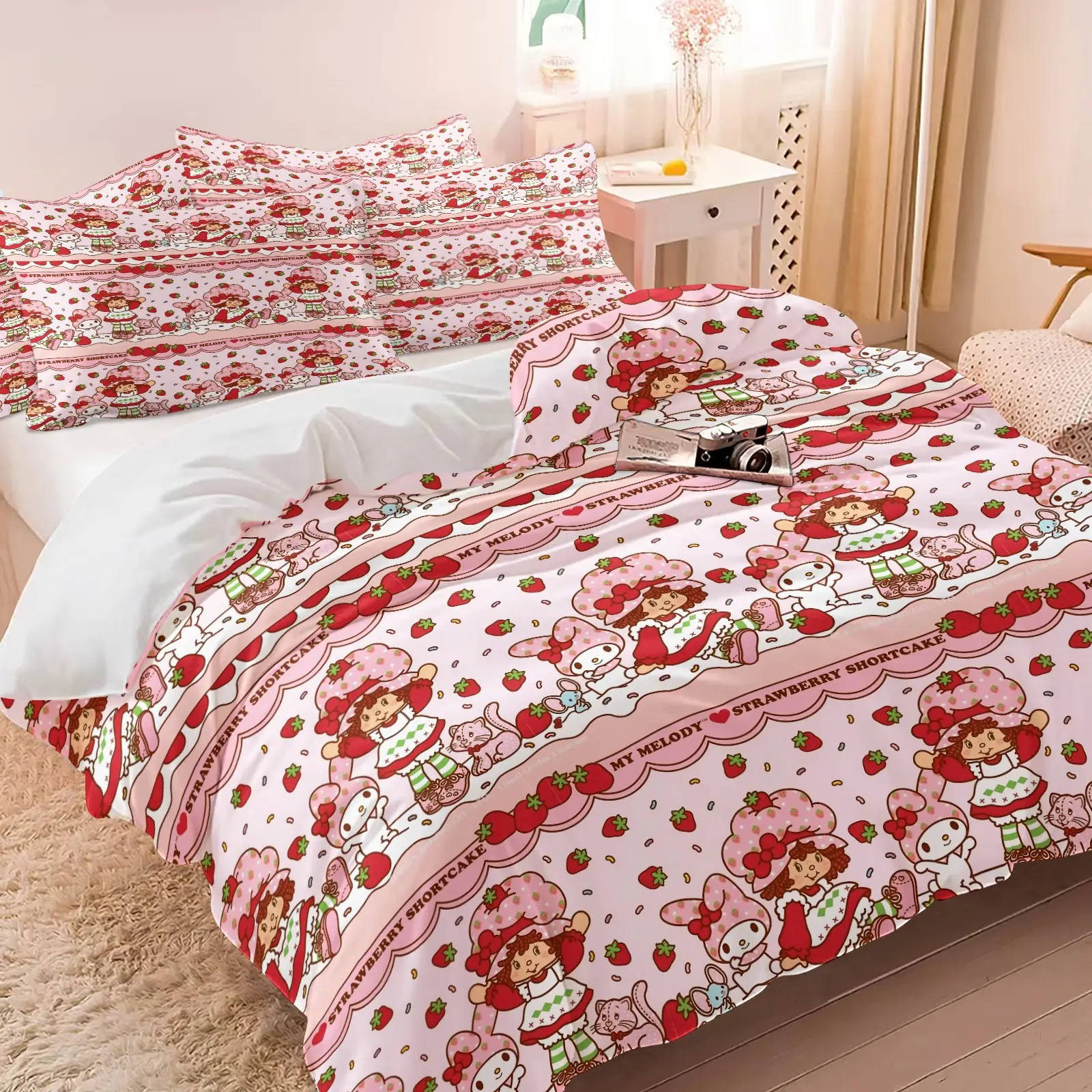 Cute Strawberry Girl Striped Duvet Cover Set, 1 Duvet Cover + 1/2 Pillowcases, No Filling, HD All Season Print, Printed Bedding Set, Soft Breathable Bedding, Comfy Bedding Set, Pink Striped Cartoon Girl & Strawberry Pattern for Girls Bedroom Decor