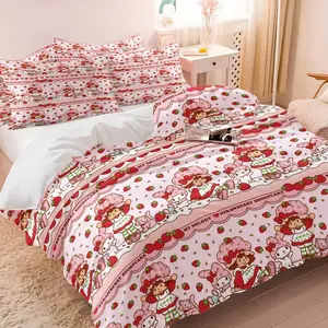 Cute Strawberry Girl Striped Duvet Cover Set, 1 Duvet Cover + 1/2 Pillowcases, No Filling, HD All Season Print, Soft Breathable Bedding, Pink Striped Cartoon Girl & Strawberry Pattern for Girls Bedroom Decor