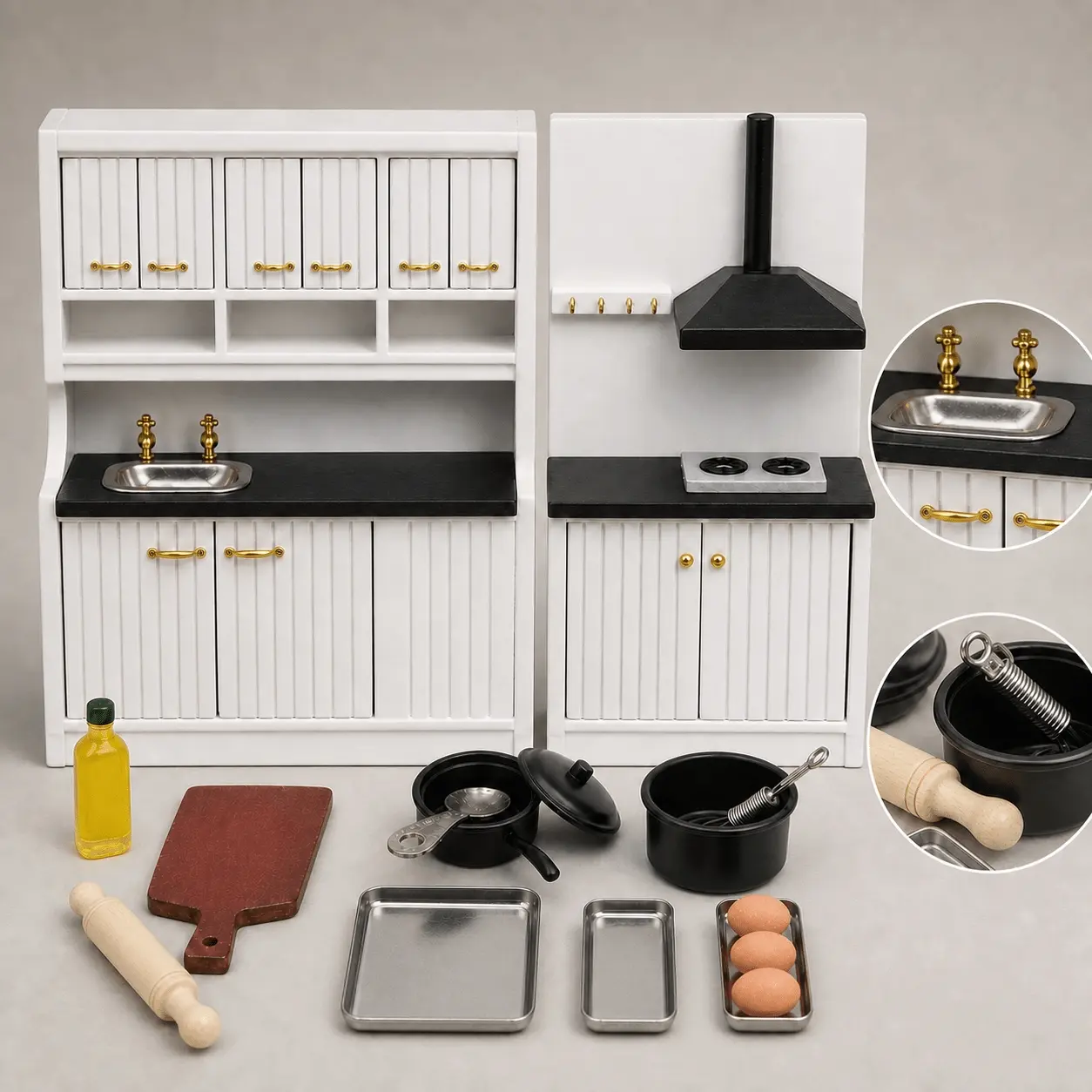 9Pcs Dollhouse Mini Kitchen Set White Sink Stove Cabinet with Cookware Baking Accessories DIY Scene Decor Christmas Easter New Year Gift