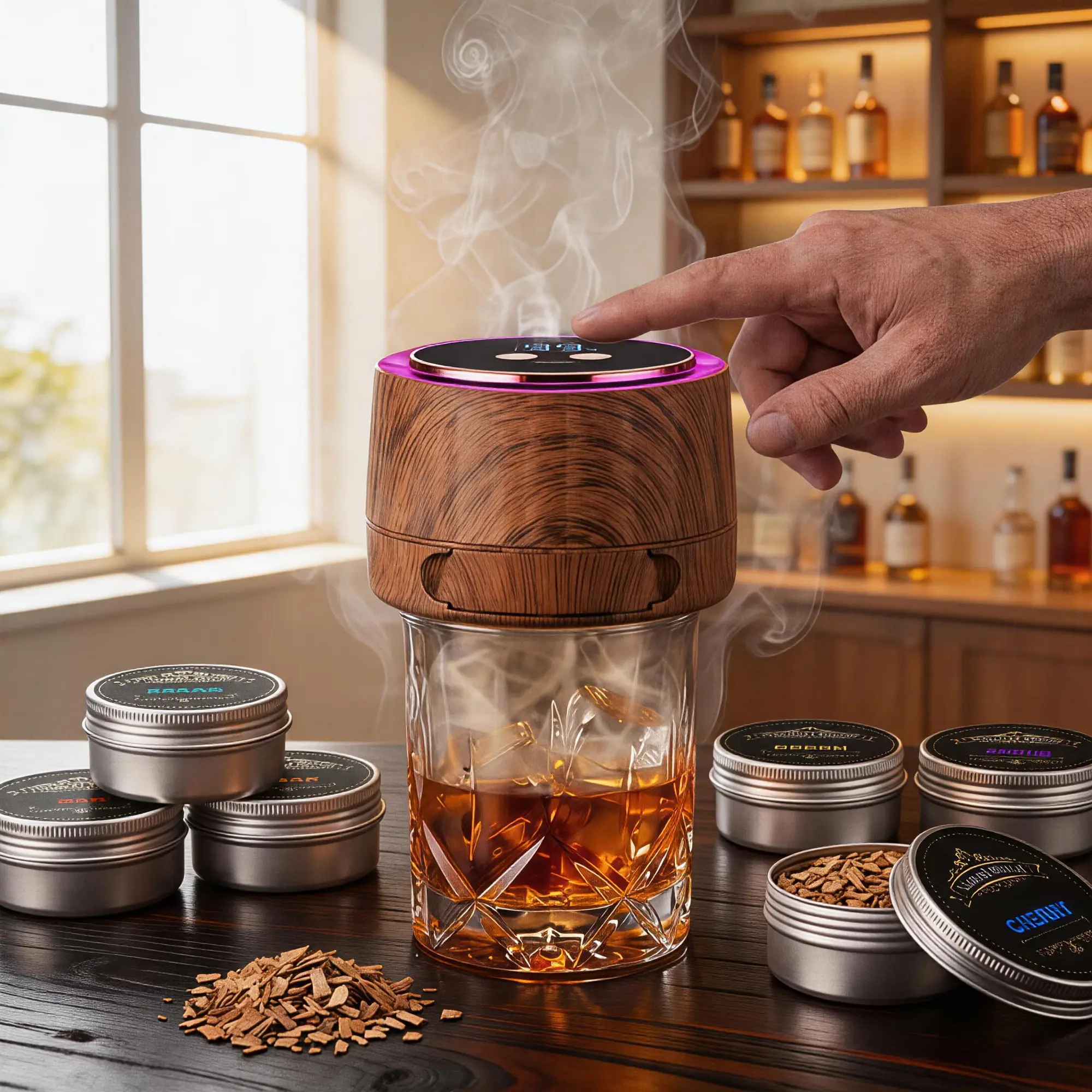 Rechargeable Electric Cocktail Smoker Infuser Kit - Bar Equipment with Built-in Lighter & Battery, 6 Wood Chip Flavor Packs, Smoke Effect for Whiskey, Rum, Classic Cocktails - Home Entertaining Accessory for Christmas, Father’s Day, Holidays