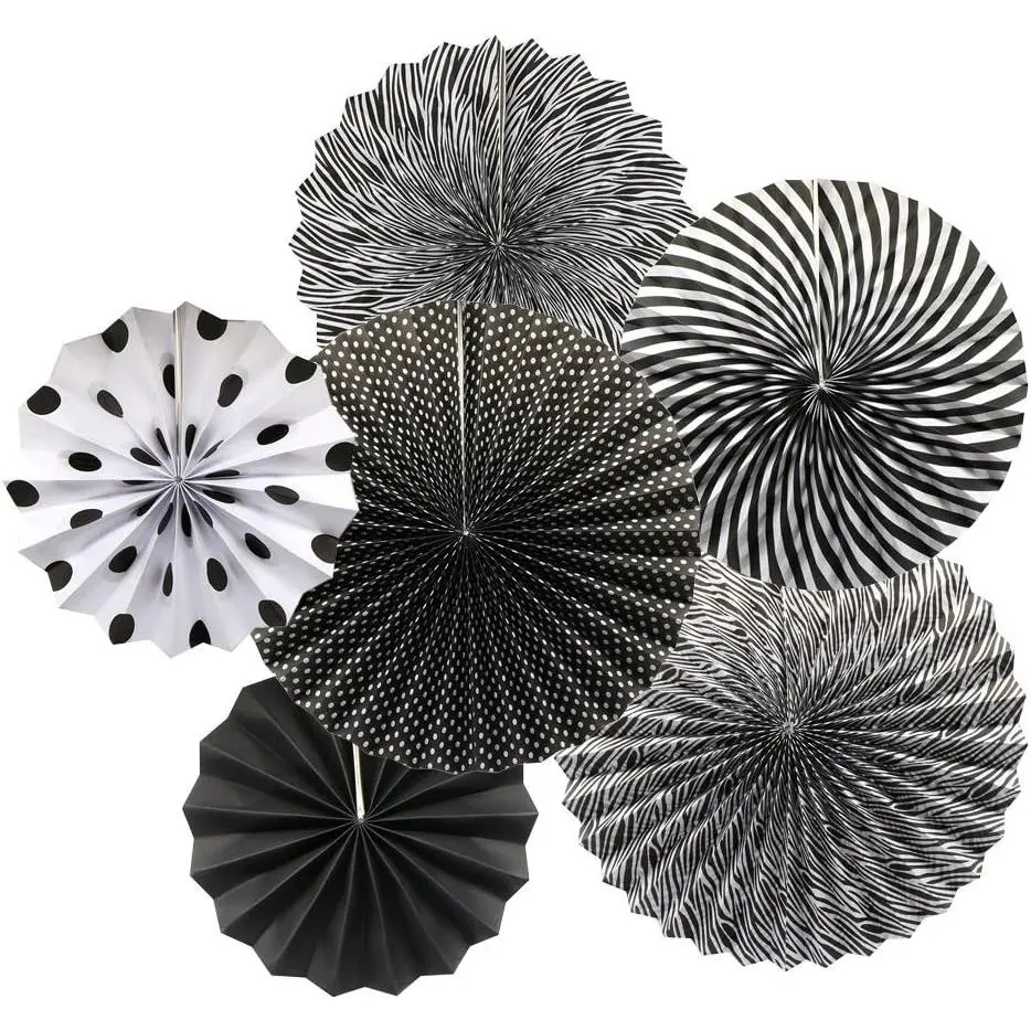 Party  Paper Fans Set, Black Round  Paper Garlands Decoration for Birthday Wedding Graduation Events Accessories, Set of 6