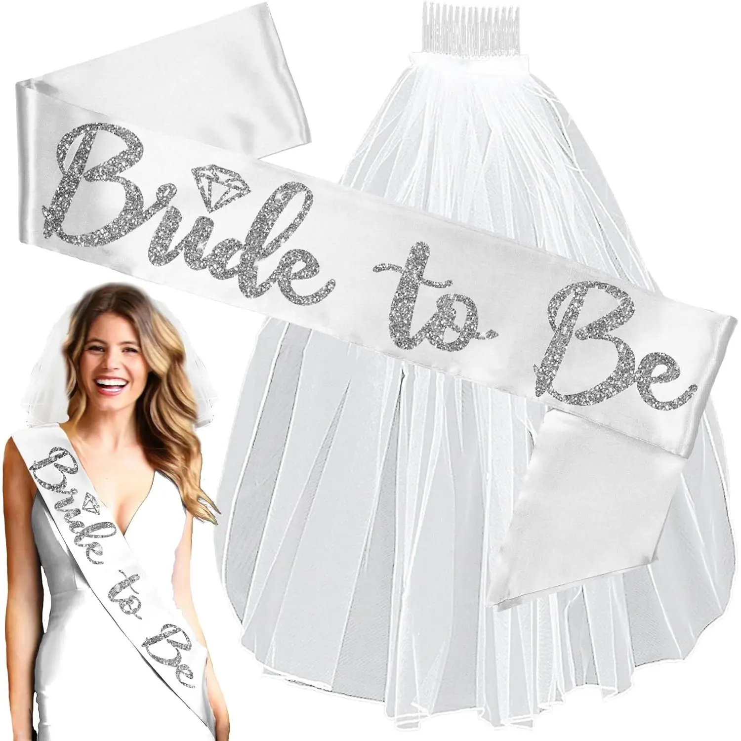 Bride Sash and Veil - Thick Bridal Grade Satin Bride to Be Sash for Bachelorette Party Outfit and Bridal Shower Gifts