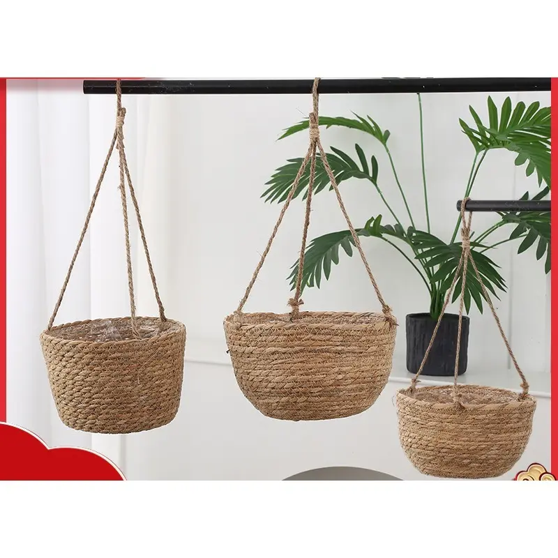 Straw-woven hanging flower pot Straw-woven flower pot balcony hanging pot hanging basket potted plant cotton rope hanging basket flower pot Decorative garden pots