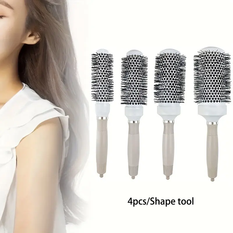 4-Piece Set Round Bucket Hair Grooming Brush for Curly Hair, Easy Smooth Curl and Straight Styling, Plastic Bristles, Abs Handle, Portable Professional Tool