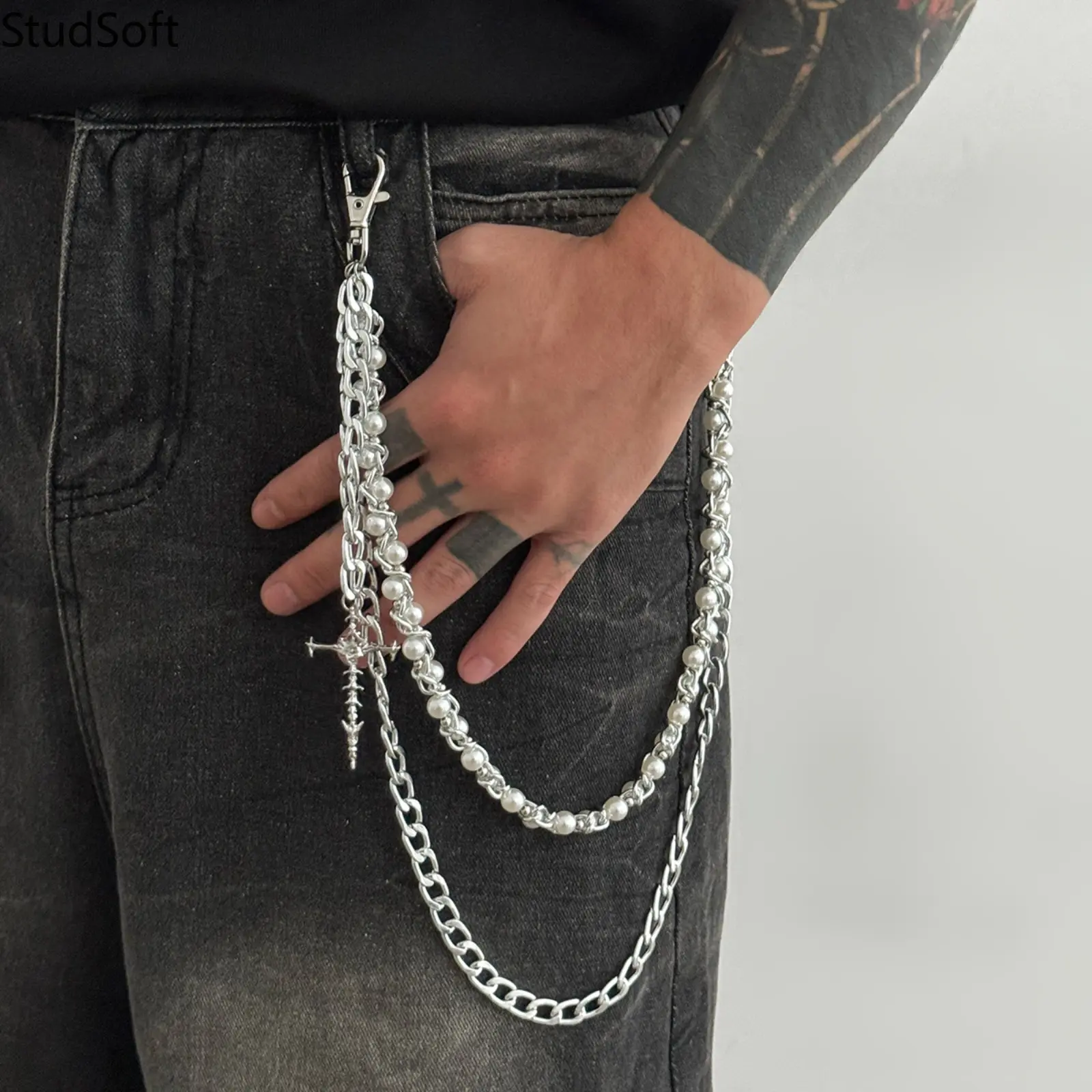Silver Pants Chain for Men Women Multi Layer Jeans Wallet Chain with Pearl Gothic Cross Pendant Cuban Link Pocket Belt Chains Punk Rock Jewelry,sohochic