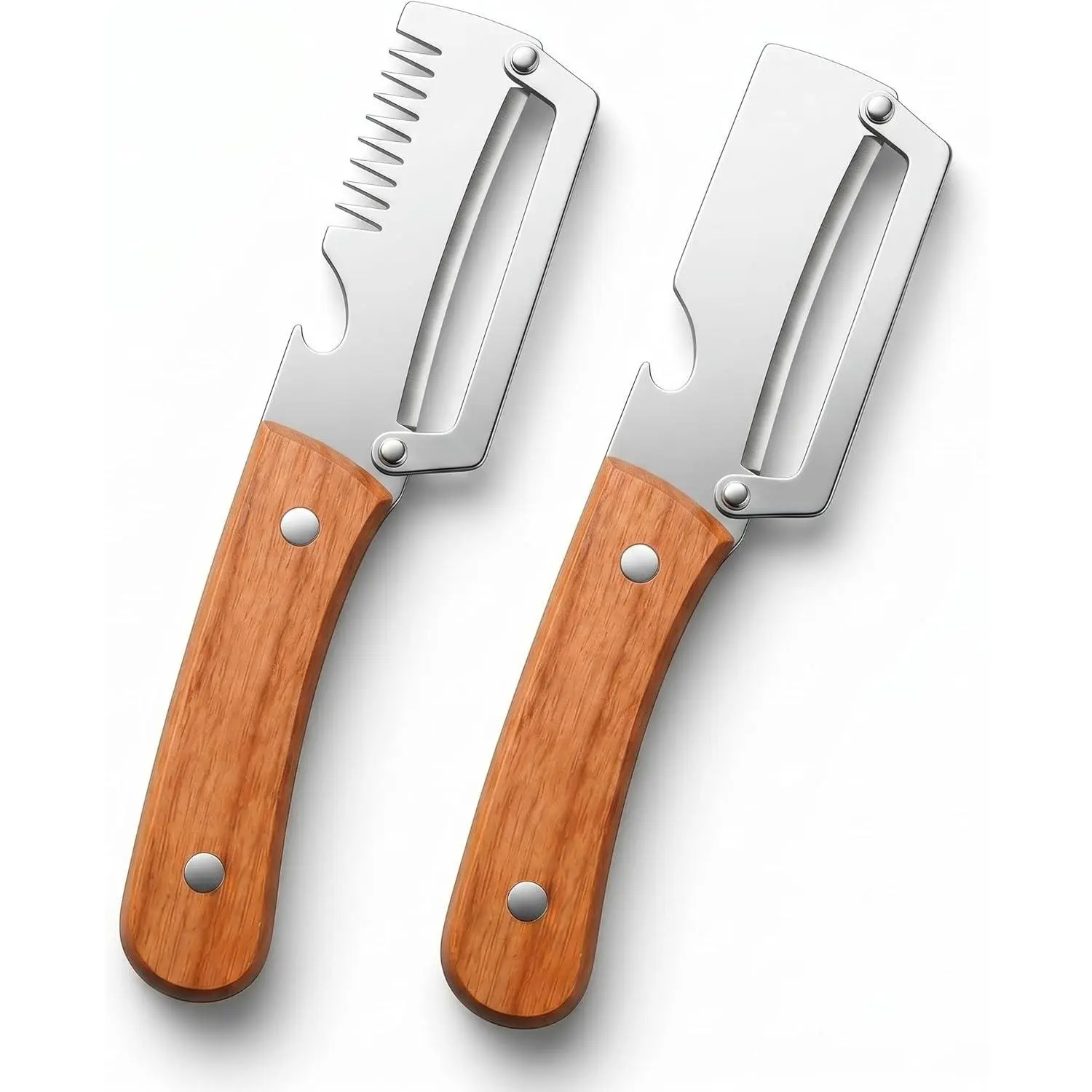 2Pcs Wooden Handle Mini Kitchen Peelers - Odor-Free Stainless Steel Multi-Purpose Manual Slicer-Grater Peelers, 2-in-1 & 3-in-1 Designs with Scallion Shredder, Bottle Opener for Kitchen Cooking, Camping