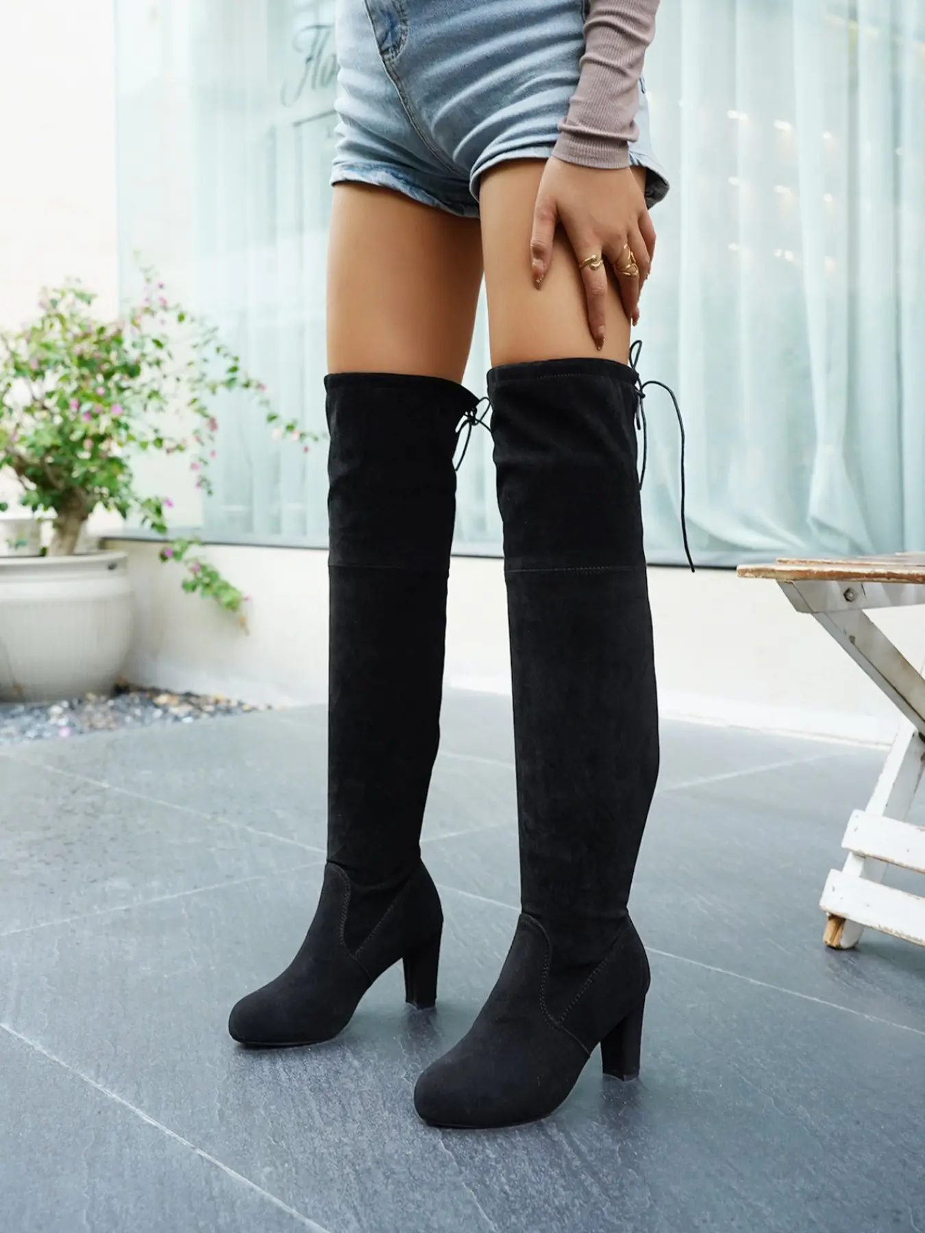 Elegant Stretch Suede Over-The-Knee Boots, Chunky Heel, Slimming Effect, Long Calf Women's Shoes, Daily Wear, Back Tie Design