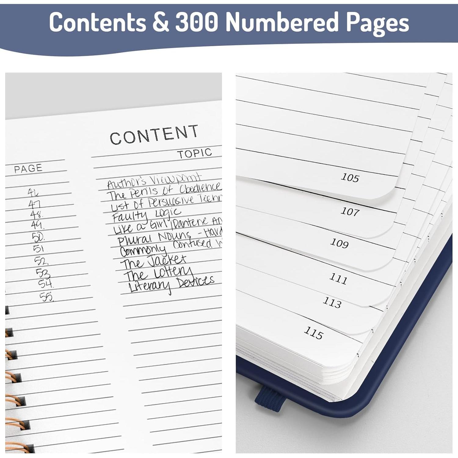 A4 Lined Spiral Journal Notebook with 300 Numbered Pages, 11" X 8.5" College Ruled Thick Journals for Writing with 100GSM Paper, Hardcover Notebooks with Contents for Work, School, Navy