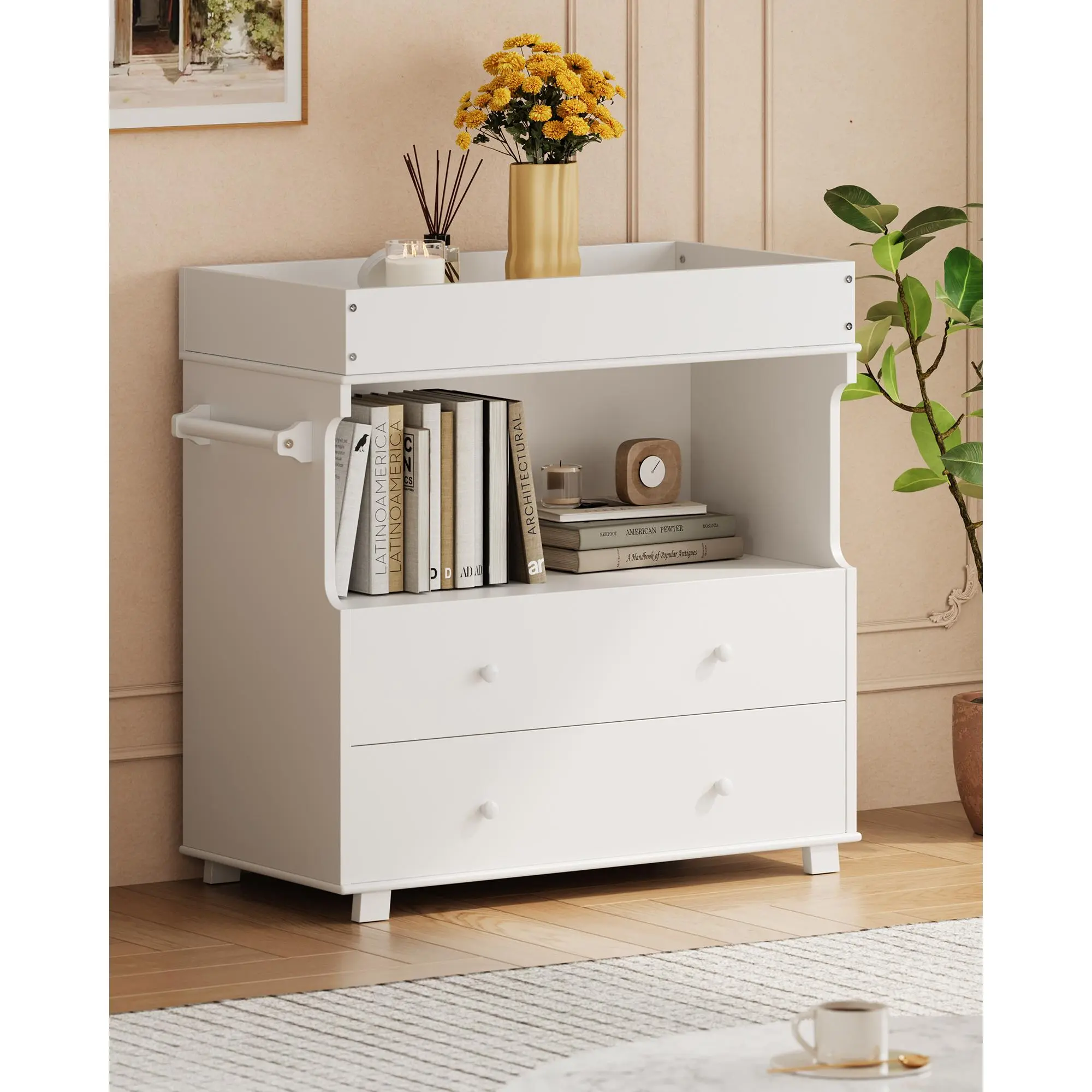 Baby Changing Table Dresser with 2 Drawers, Modern Nursery Dresser with an Open Storage Space, Diaper Changing Station for Bedroom, Kids Room, Baby Room, White