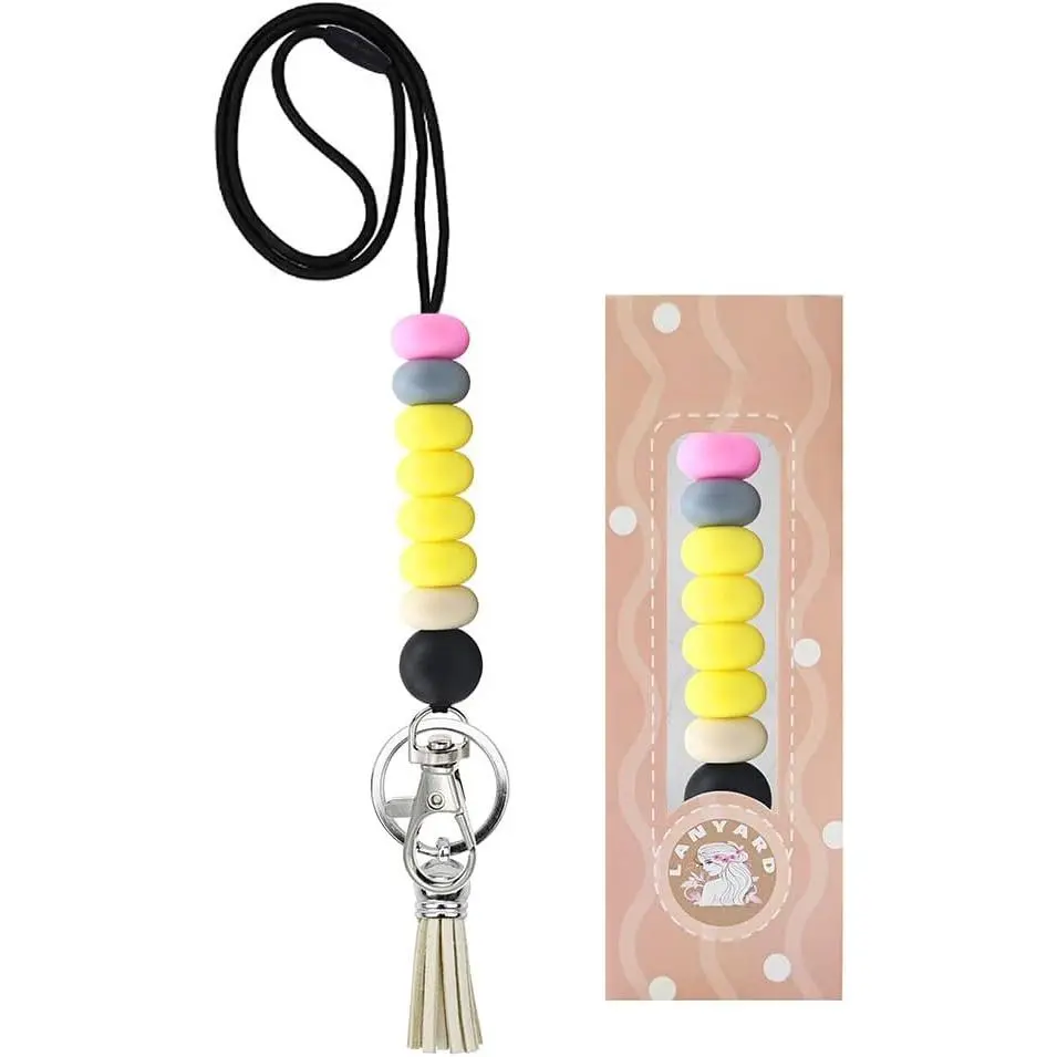 Beaded Breakaway Lanyard Badge Holder, 2mm Rope Chain Id Badge Holder with Beaded Rope, Adjustable Fit for Women Teachers & Office Workers (Yellow)