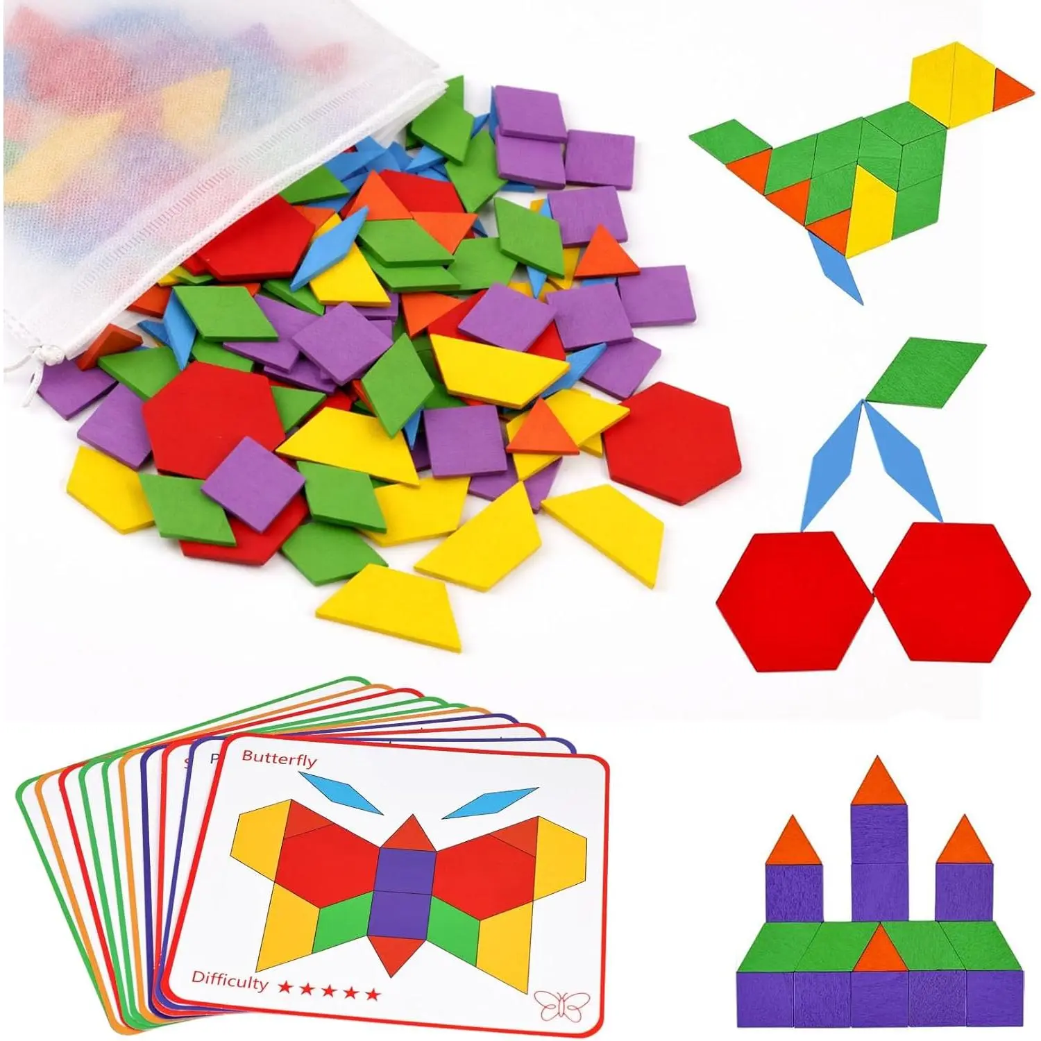 Wooden Pattern Blocks Set for Kids, Geometric Shapes with Learning Cards, 150 PCS Educational Puzzle Toyfidget toys