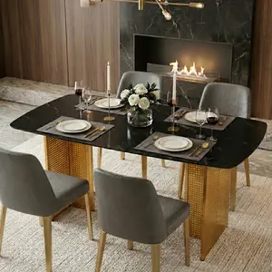 Modern-Style Rectangular Tempered Glass Dining Table for 6, Marble-Patterned Top, Golden Hollow-Out Metal Legs, Indoor Furniture for Living Rooms, Home Offices