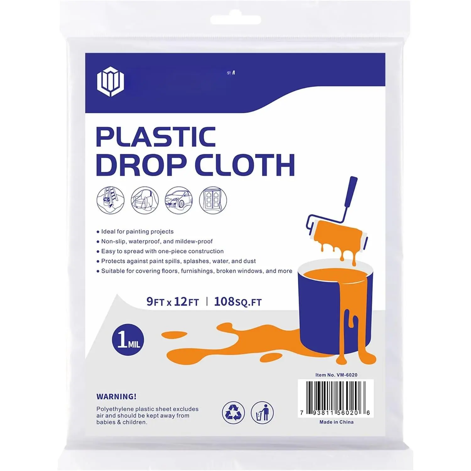 Clear Plastic Drop Cloth 9 x 12 Ft, 1 Mil, 1 Pack | Clear 1 Mil PE Sheeting for Painting, Floor and Furniture Cover,  Barrier, Dust Control, DIY Setup and Cleanup