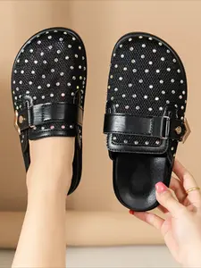 Breathable mesh mule slides with buckle detail, simple and versatile, two colors available for daily wear.