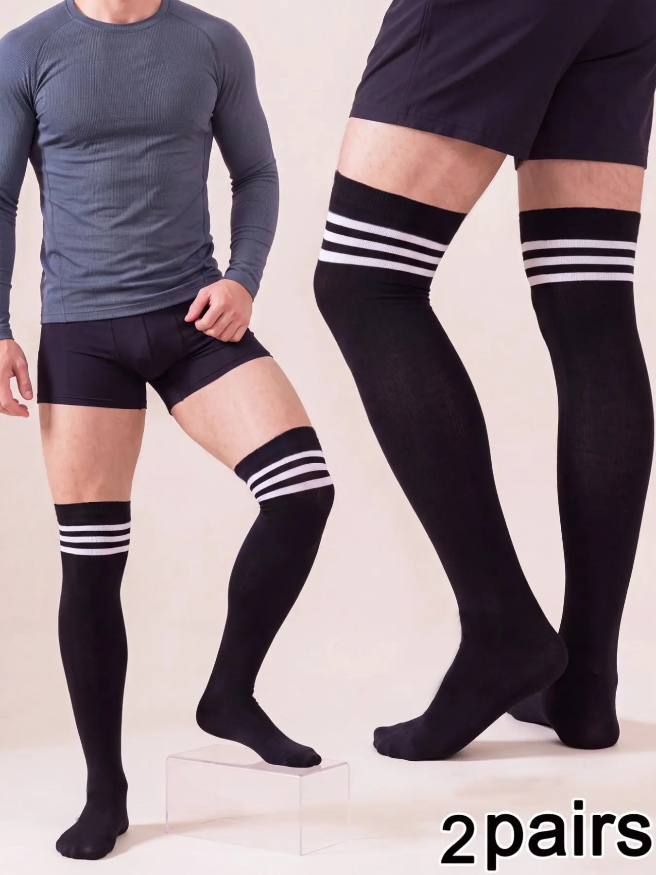 2 Pairs Men's Classic Striped Over-The-Knee, Elastic Breathable Comfort, Perfect for Parties, Business, Daily Wear, Gift Idea, Sock Set