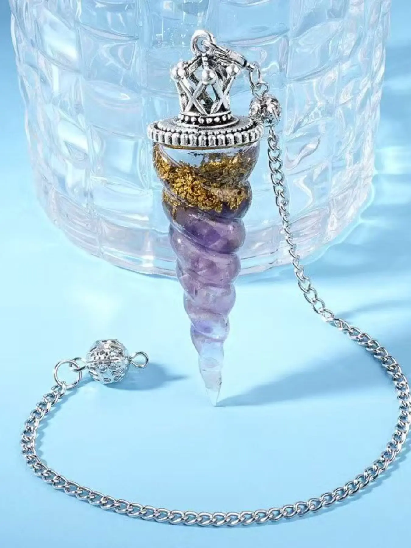 1pc  Natural Crystal Resin Spiral Pendulum Pendant with Chain, Meditation Decision Tool, Yoga Crystal Accessory, Halloween Christmas Gift